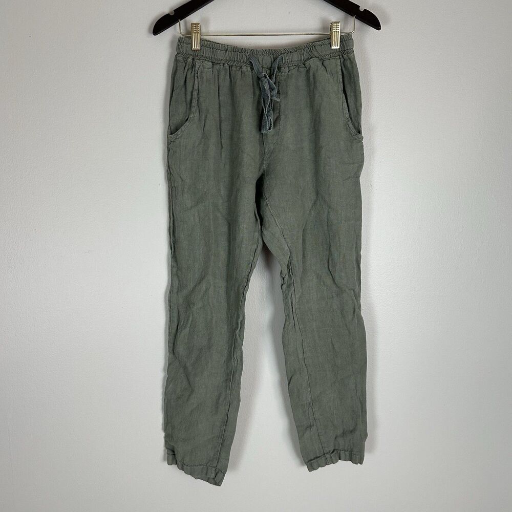 Women’s M 100% Linen Green Beachy Pants Subtle Luxury Drawstring Straight Boat